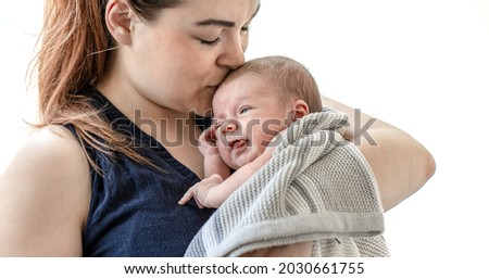 Similar – Image, Stock Photo Mother hugging her sleeping baby girl