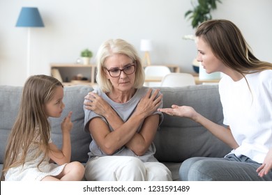 Young Mother And Kid Daughter Scolding Upset Grandmother, Grandchild And Mom Having Disagreement Talking To Sad Senior Grandma, 3 Generations Family Conflicts, Disrespectful Attitude To Old Concept