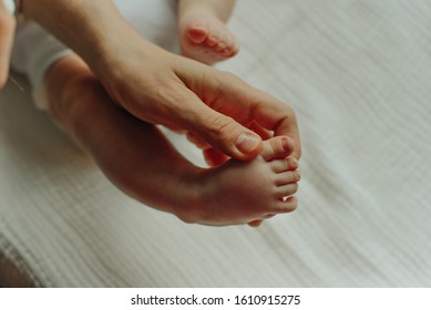 a young mother and newborn baby, a baby's legs in the palms of a woman, parental love, family - Shutterstock ID 1610915275