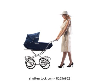 Young Mother Pushing A Pram