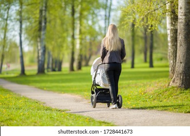 Young Mother Pushing White Baby Stroller And Slowly Walking At Town Green Park In Warm, Sunny Spring Day. Spending Time With Infant And Breathing Fresh Air. Enjoying Stroll. Back View. 