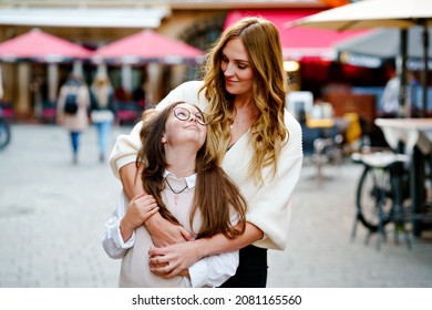 Young Mother And School Preteen Girl Making Walk In The City. Happy Family, Woman And Daughter With Glasses Enjoy Time Together. Love And Support Of Parents. Happiness Of Mum And Child.