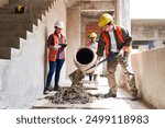 Young multiethnic masons mixing cement by supervisor