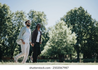 Young multiracial gay couple happily walking hand-in-hand in a park, enjoying the sunny day and each other's company, with joyous expressions. - Powered by Shutterstock