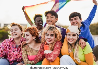 Young Multiracial People Celebrating Together At LGBT Pride Parade