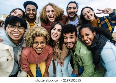 Young Multiracial People Having Fun Together Outdoor - Big Group Portrait Of Happy Young Student Friends Taking Photo Together At City Street