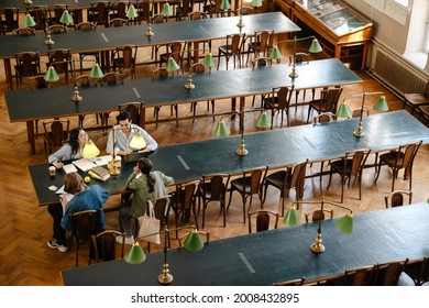 Young multiracial students talking while doing homework at library