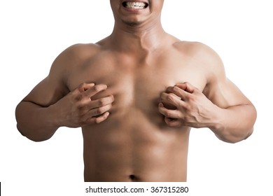 Young Muscle Man With Hands Touching His Chest, Flexing, Painful, Isolated On White Background.