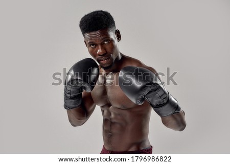 Young muscular african american male boxer looking at camera, wearing boxing gloves, standing isolated over grey background. Sports, workout, bodybuilding concept. Horizontal shot
