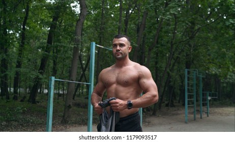 Professional Fitness Athlete Poses Demonstrates Biceps Stock Photo ...