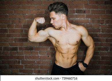 Young Muscular Bodybuilder Fitness Model Posing Against A Brick Wall Loft Fitness Club. Beauty Ring Flash, Fashion Potrait. Six Pack Abs.