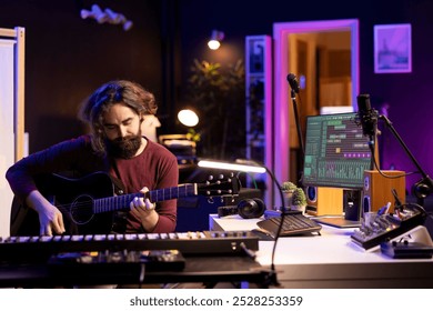 Young music producer playing guitar and creating songs using digital daw software. Musician singer recording music in home studio, audio engineer mixing pop rock tracks using modern equipment. - Powered by Shutterstock