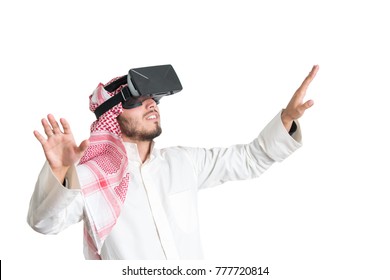 Young Muslim Guy Trying VR Glasses. Isolated. Overlay.