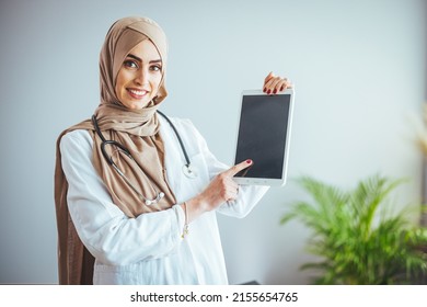 Young Muslim Person Doctor Woman Face On Isolated White Background Concept Islamic Healthcare In Tech Research Hospital Health Medical Care, Nurse Worker Hijab Hold Tablet Ipad