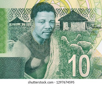Young Nelson Mandela And His Birthplace Of Mvezo On South Africa 10 Rand Note. President Of South Africa, Nobel Peace Prize Winner.