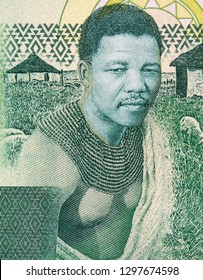 Young Nelson Mandela And His Birthplace Of Mvezo On South Africa 10 Rand Note. President Of South Africa, Nobel Peace Prize Winner.