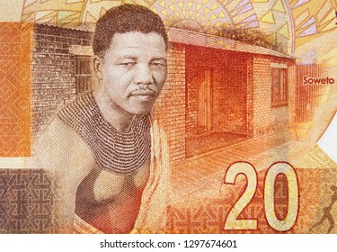 Young Nelson Mandela On South Africa 20 Rand Note. President Of South Africa, Nobel Peace Prize Winner.