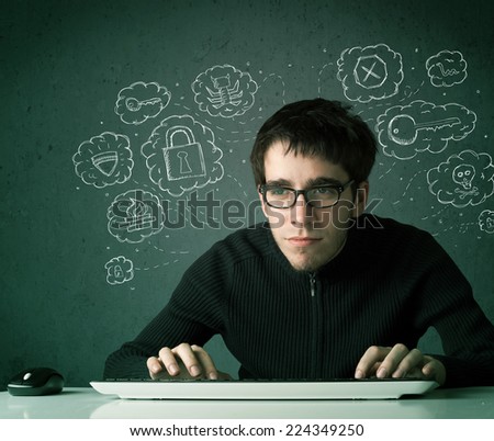 Young nerd hacker with virus and hacking thoughts on green background