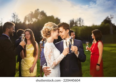 Young newlyweds clinking glasses and enjoying romantic moment together at wedding reception outside