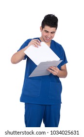 A Young Nurse Holding The Clipboard Checking The Paperwork, Isolated On A White Background.