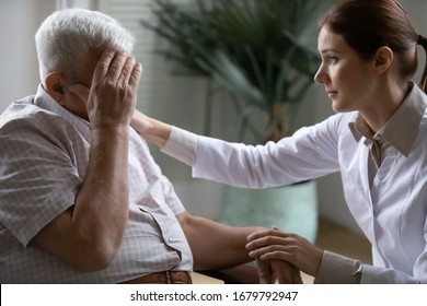 Young Nurse Spend Time With Old Man, Shares His Pain, Express Empathy Caring About 80s Patient Provide Psychological Support Listens His Life Health Complaints In Diseases, Relieves Loneliness Concept