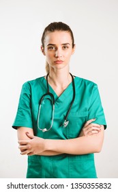 Young Nurse With Stethoscope. Nurse In Green Scrubs With Stetoscope. Medical Student In Uniform.