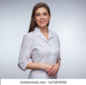 Young Nurse In White Medical Uniform. Isolated Studio Portrait.