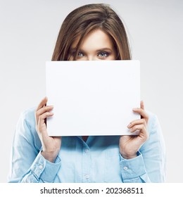 Young Office Worker Woman Hiding Face Behind White Banner.