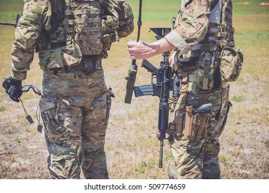 Young Officer Holds A Radio Station, And Give Orders Subdivision  ,  Us Military Soldier