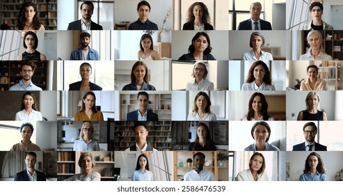 Lot of young and old people look at camera stacked together in collage view. Head shot portrait businesspeople, students staring at cam, posing indoors using video call application for communication