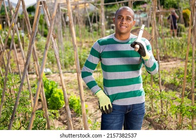 Young Pakistani Man Gardener Working At Land With Garden Mattock Outdoor