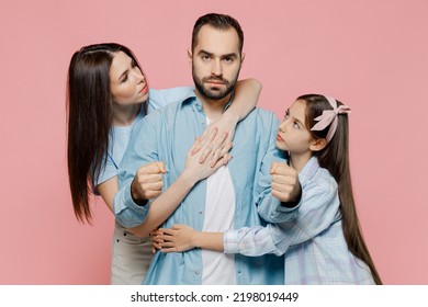 Young Parents Mom Dad With Child Kid Daughter Teen Girl In Basic Blue Clothes Hold Hands Like Driving Car Hugging Like Safety Belt Isolated On Plain Pastel Pink Background Studio. Family Day Concept