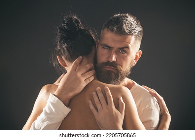 Young Passionate Couple. Sexy Passion People, Beautiful Young Female And Male Faces Closeup, Studio Shot.