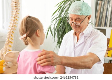 young patient, child 5 years old, doctor’s appointment, doctor consoles girl, put hand on shoulder, professional support, health assessment - Powered by Shutterstock