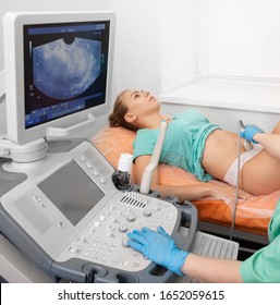 Young Patient During Ovarian Ultrasound Exam. Women's Health, Examination By A Gynecologist