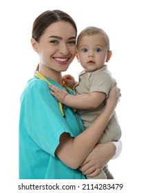 Young pediatrician with cute little baby on white background