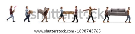 Young people carrying household items isolated on white background