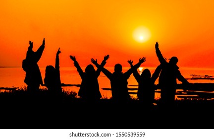 Young People Cheering Watching Sunrise Celebrates Stock Photo ...