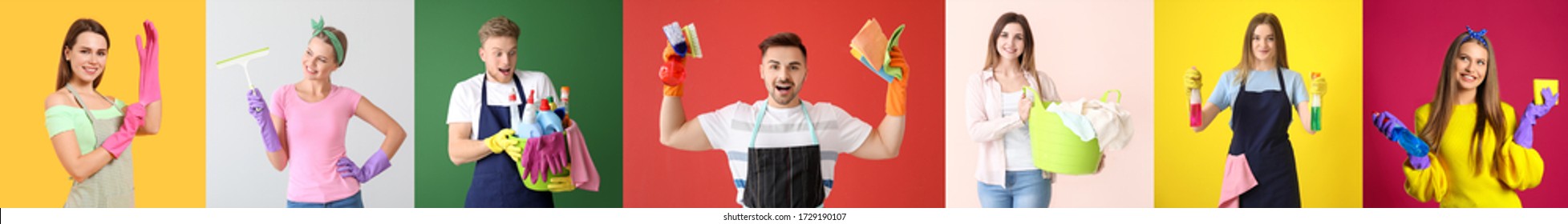 Young people with cleaning supplies and laundry on colorful background - Shutterstock ID 1729190107