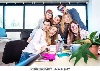 Young People Employee Workers Taking Happy Selfie With Stick - Life Style Concept Of Human Resource On Working Fun Time - Startupper At College Office - Bright Azure Filter