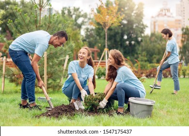 Young people girls and boy volunteers outdoors helping nature planting trees digging ground with shovel talking smiling cheerful - Powered by Shutterstock