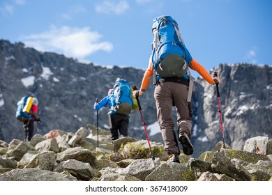 Young People Are Hiking In Highlands Of Altai Mountains, Russia