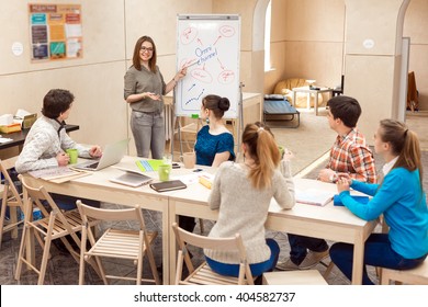 Young People Listening Presentation Of Female Manager Active Participants Asking Questions In Meeting Room With Wood Walls And Table Using Flip Chart