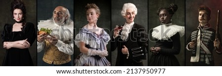 Young people as a medieval grandee on dark studio background. Collage of portraits in retro costume. Human emotions, comparison of eras and facial expressions concept. Poster, flyer, banner