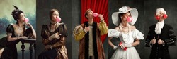 Young People Medieval Prince And Princess In Vintage Costumes With Bubble Gum On Dark Retro Background. Concept Of Comparison Of Eras, Artwork, Renaissance, Baroque Style. Creative Collage.