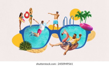 Young people, men and women relaxing on beach, sunbathing, swimming in pool. Party time. Contemporary art collage. Joyful vibe. Concept of summer, vacation, relaxation, travelling, holiday, tourism - Powered by Shutterstock