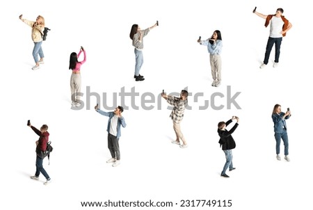 Young people, men and women taking selfie with mobile phone to post on social media pages. Isometric view. Concept of social media, online communication, modern technologies, marketing, business, ad