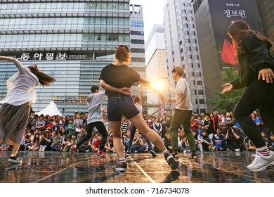 Young people are performing street dance in the accompaniment of kip-pop song, Seoul Street Arts Festival, Korea, Oct.1st, 2016