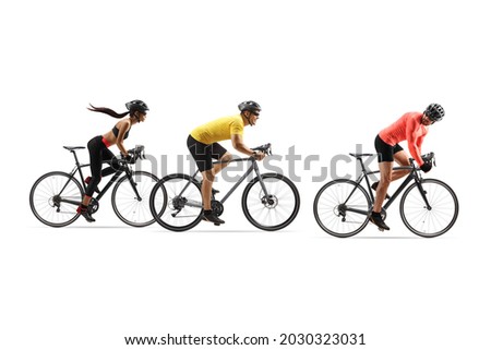 Young people riding road bicycles isolated on white background
