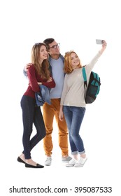 Young People Taking Selfie With Mobile Phone Isolated On White